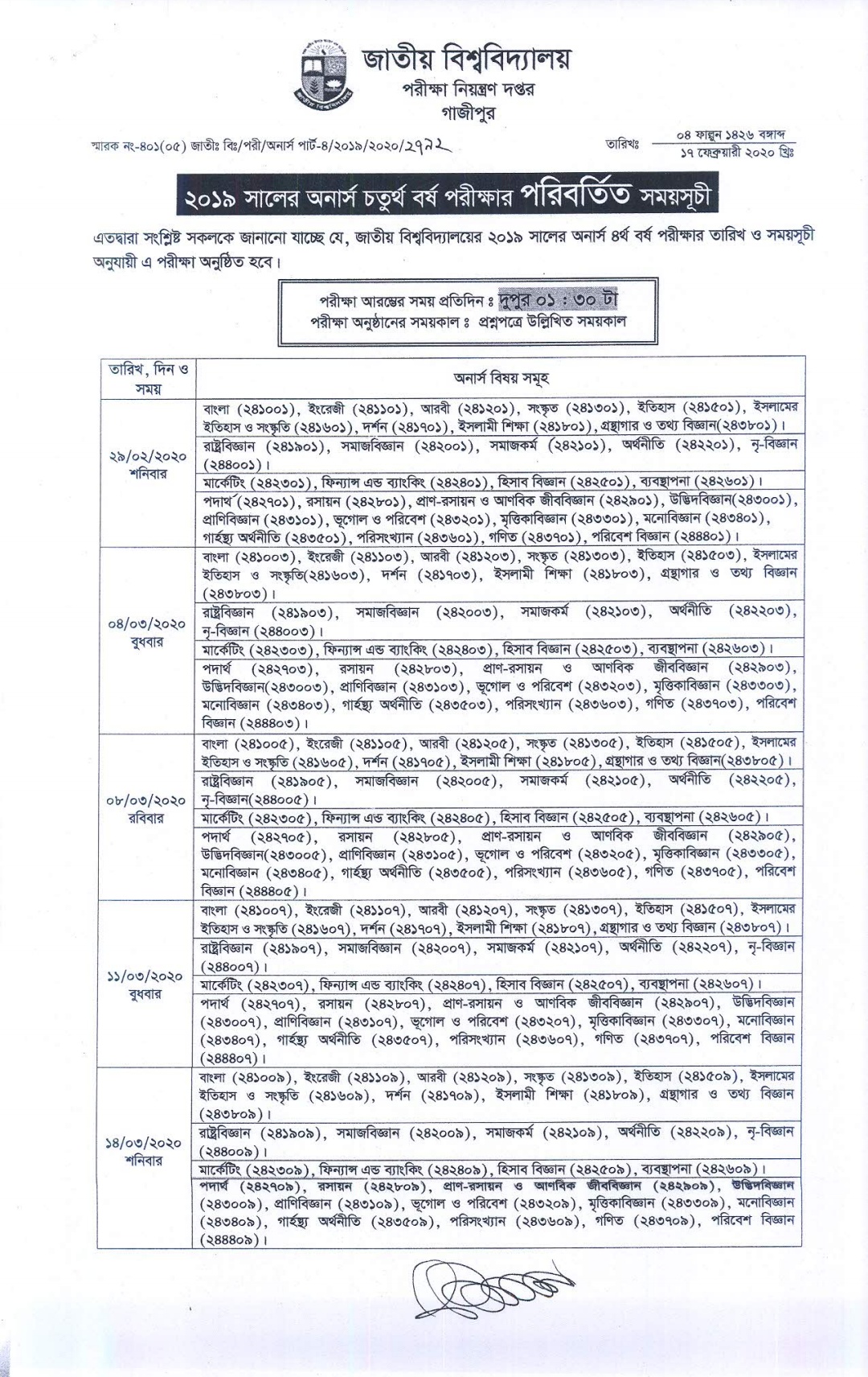 honours 4th year changed routine